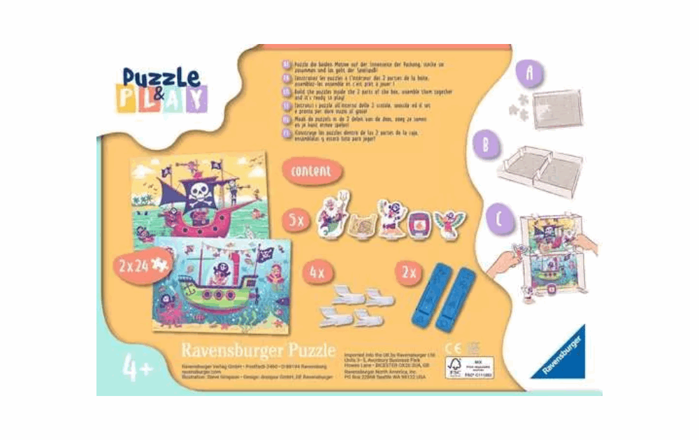 Ravensburger children's jigsaw with Puzzle & Play Land for kids featuring a pirate theme and engaging illustrations