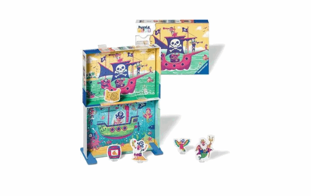 Ravensburger Puzzle & Play Land for kids featuring a colorful pirate ship scene with characters and accessories