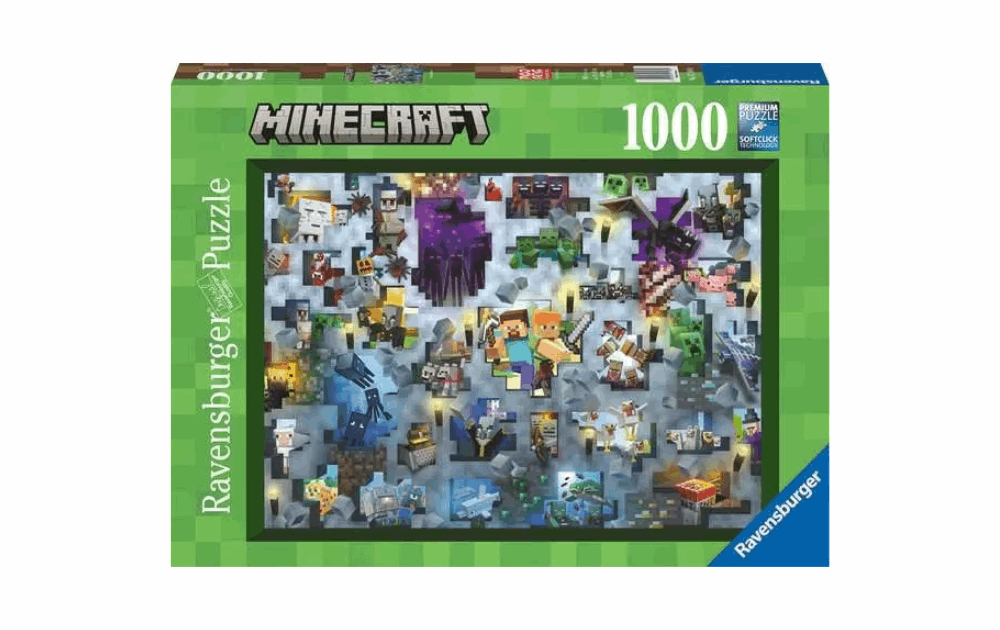 Ravensburger puzzle Minecraft challenge 1000 pieces featuring iconic game characters and scenes