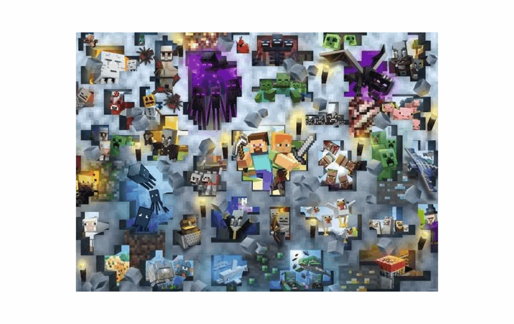 Ravensburger puzzle Minecraft challenge featuring colorful block characters and scenes from the game