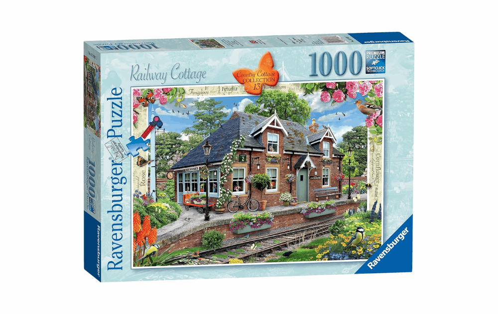 Ravensburger Railway Cottage puzzle featuring a detailed cottage scene with vibrant colors and greenery