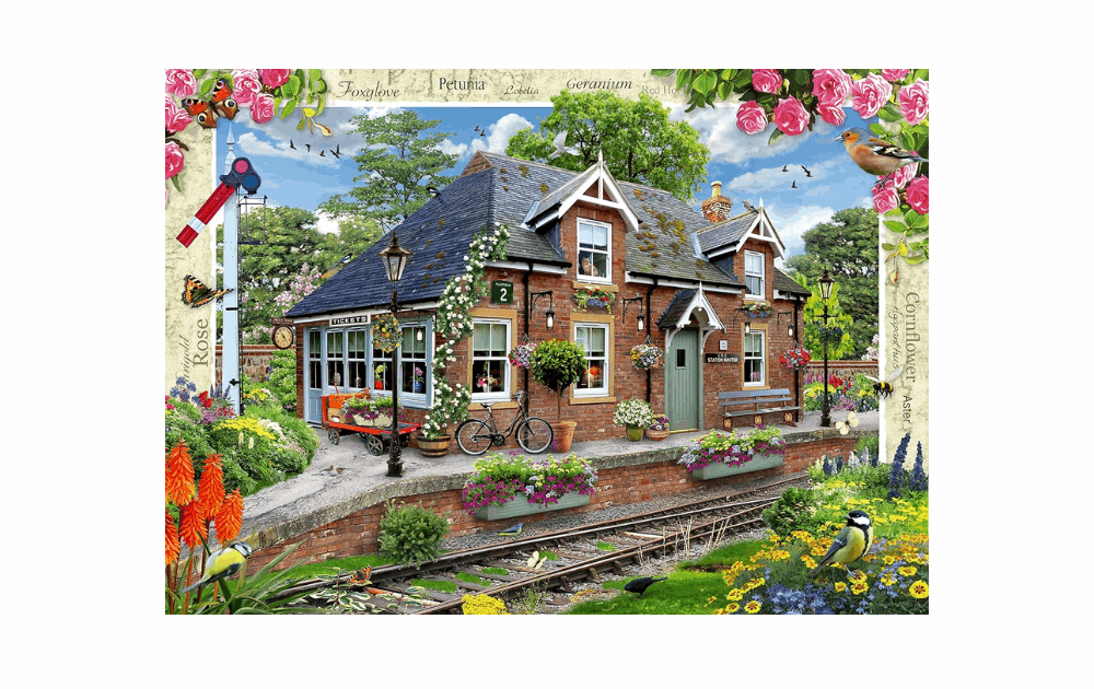 Ravensburger Railway Cottage puzzle featuring a charming train station surrounded by flowers and greenery