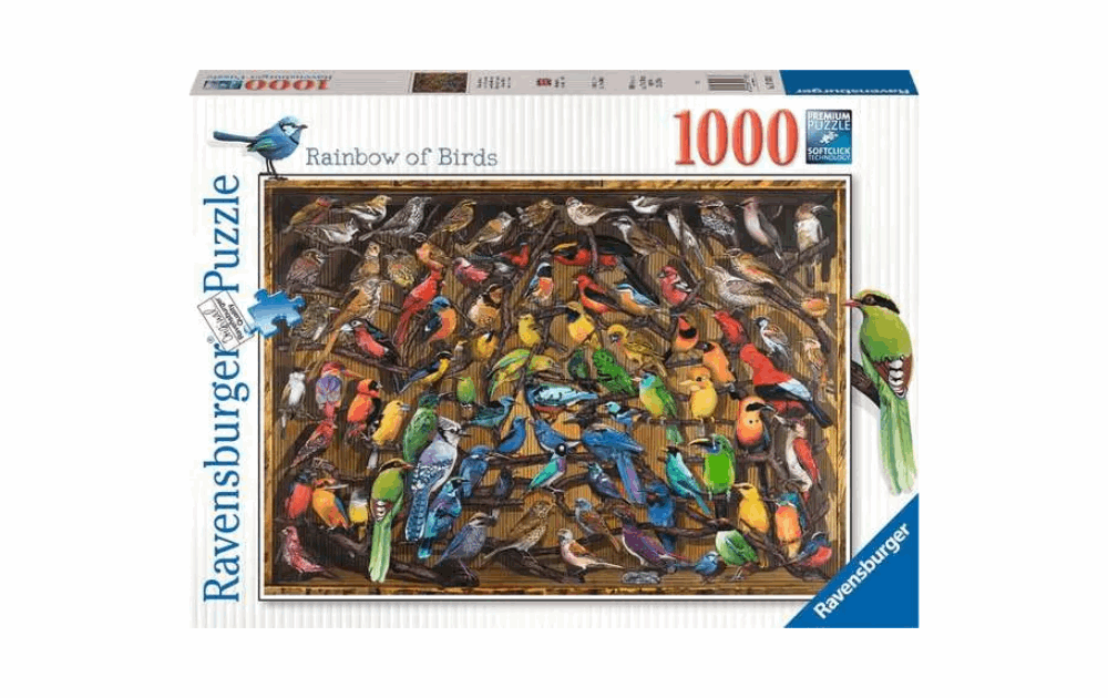 Ravensburger rainbow birds puzzle box featuring colorful bird illustrations in a 1000 piece design