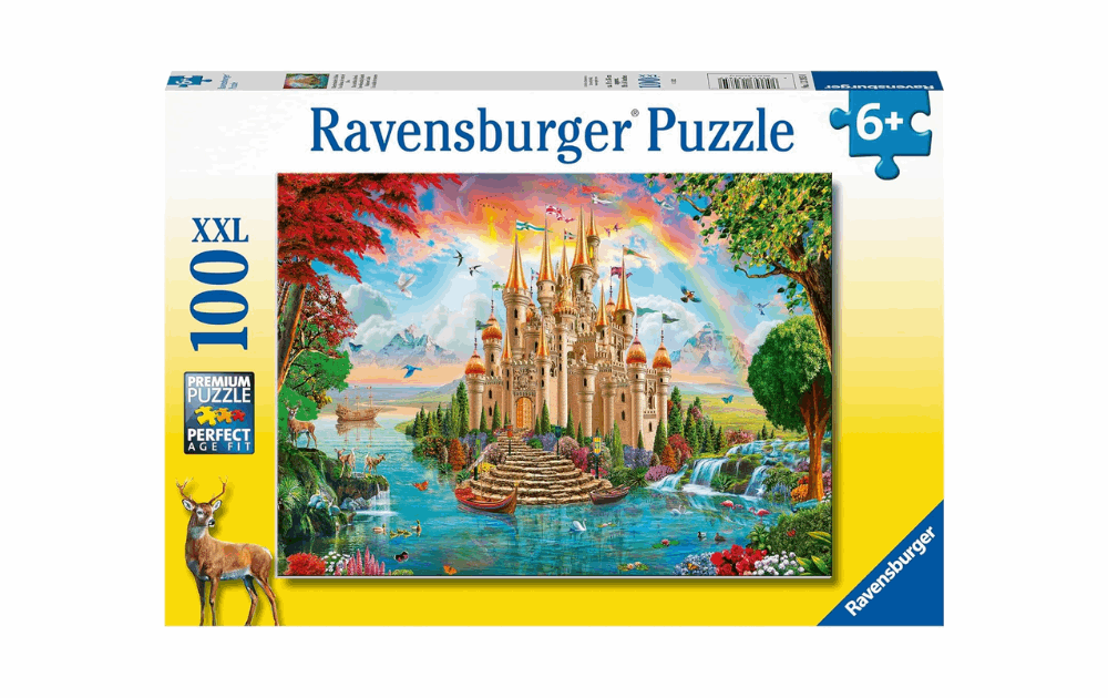 Ravensburger Rainbow Castle puzzle featuring a colorful castle landscape with a vibrant waterfall and trees