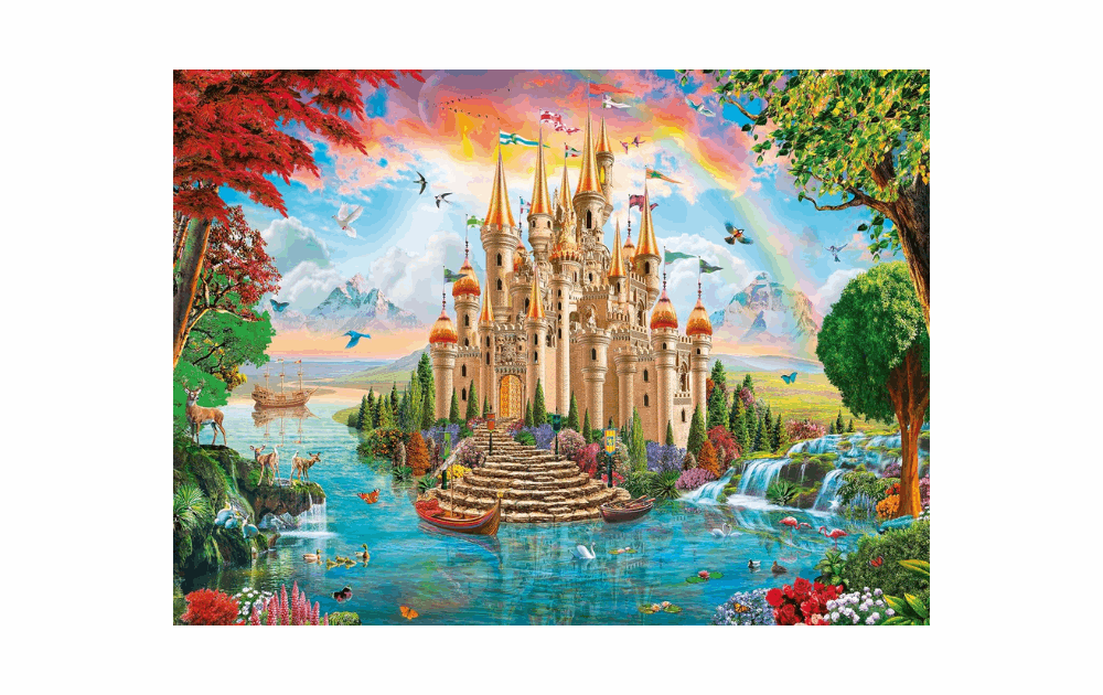 Ravensburger Rainbow Castle puzzle featuring a colorful castle surrounded by water, flowers, and vibrant scenery
