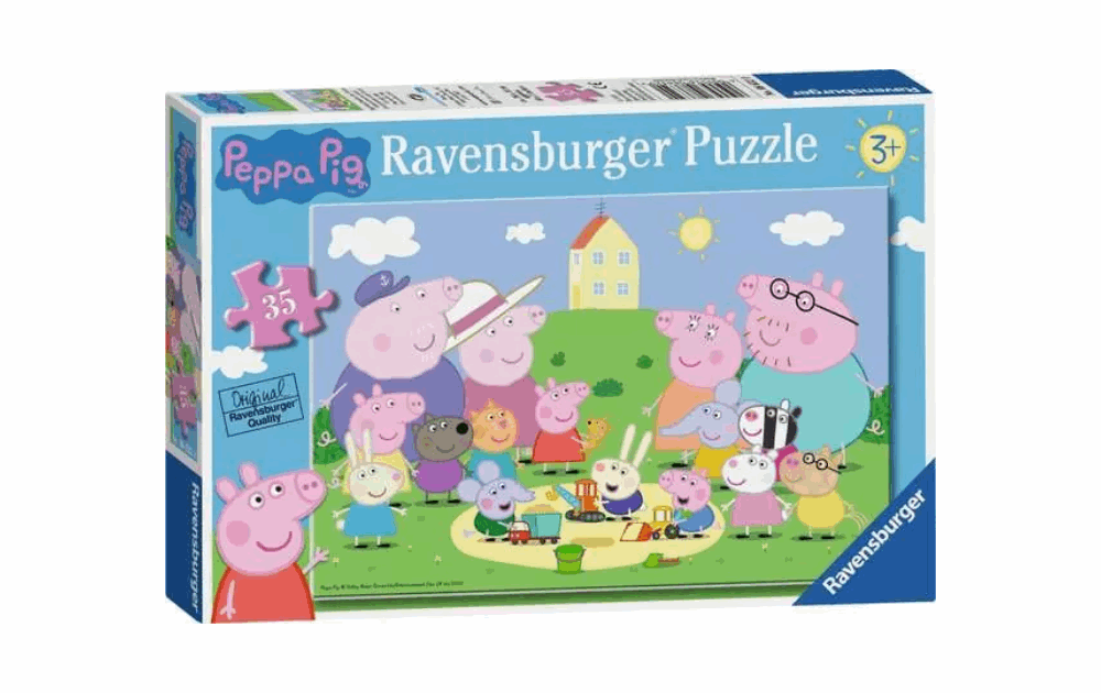 Ravensburger Peppa Pig jigsaw featuring colorful characters enjoying a sunny day, perfect for young puzzle enthusiasts