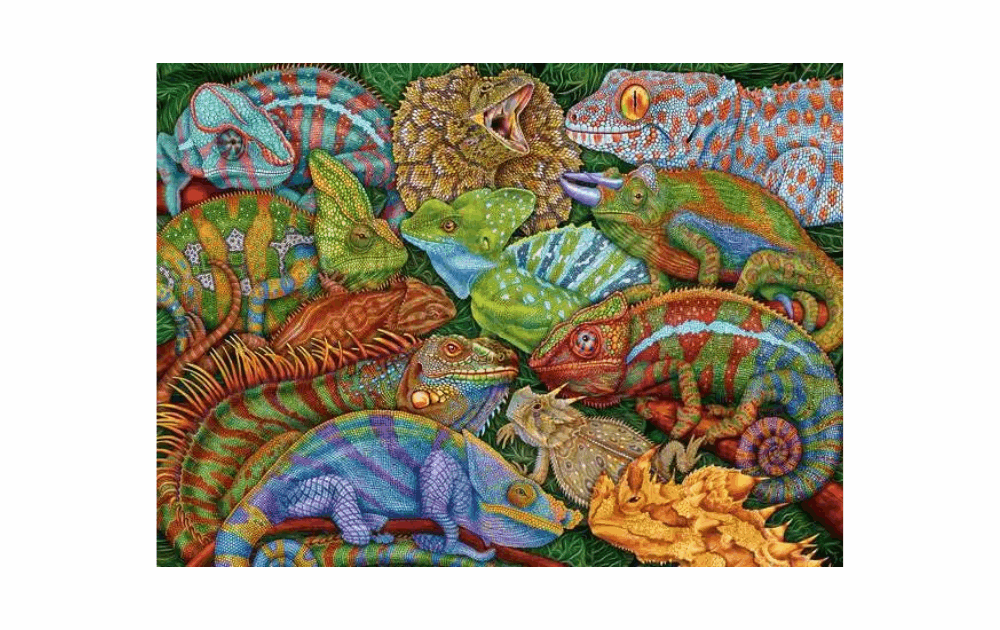 Ravensburger riveting reptiles puzzle depicting a colorful assortment of various lizards and chameleons