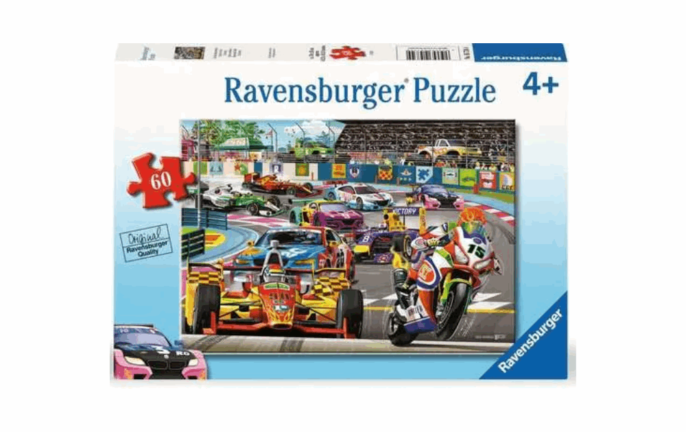 Ravensburger Racetrack Rally puzzle with colorful racing cars and vibrant motorsport scene for kids aged 4 and up