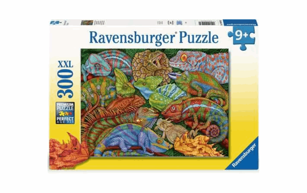 Ravensburger riveting reptiles puzzle with colorful chameleons and exotic lizards in a vibrant design