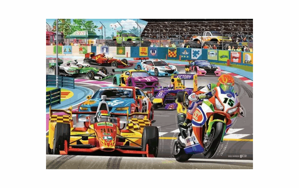 Ravensburger Racetrack Rally puzzle featuring colorful racing cars and motorcycles in a vibrant racetrack scene