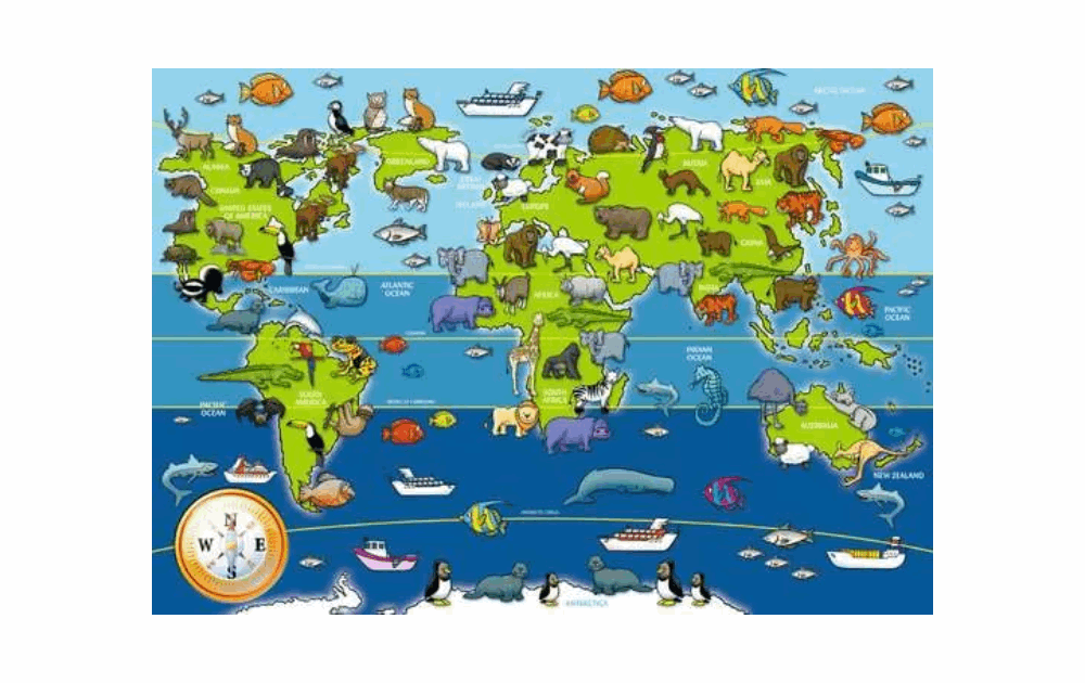 Ravensburger animals of the world floor puzzle colourful illustrated world map showing animals by continent for children