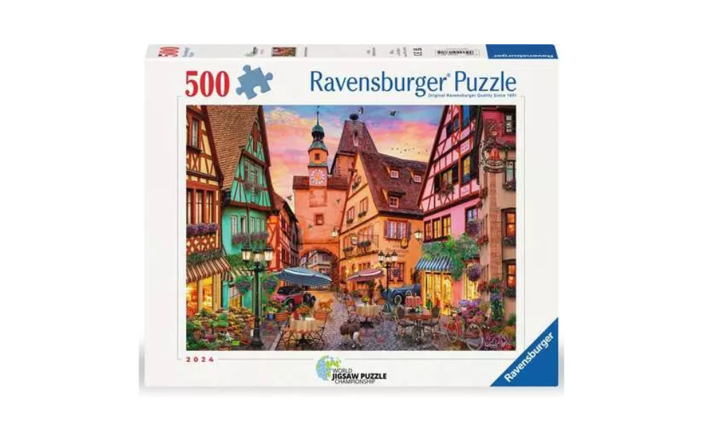 Ravensburger Bavarian Romance puzzle featuring a picturesque village scene in vibrant colors