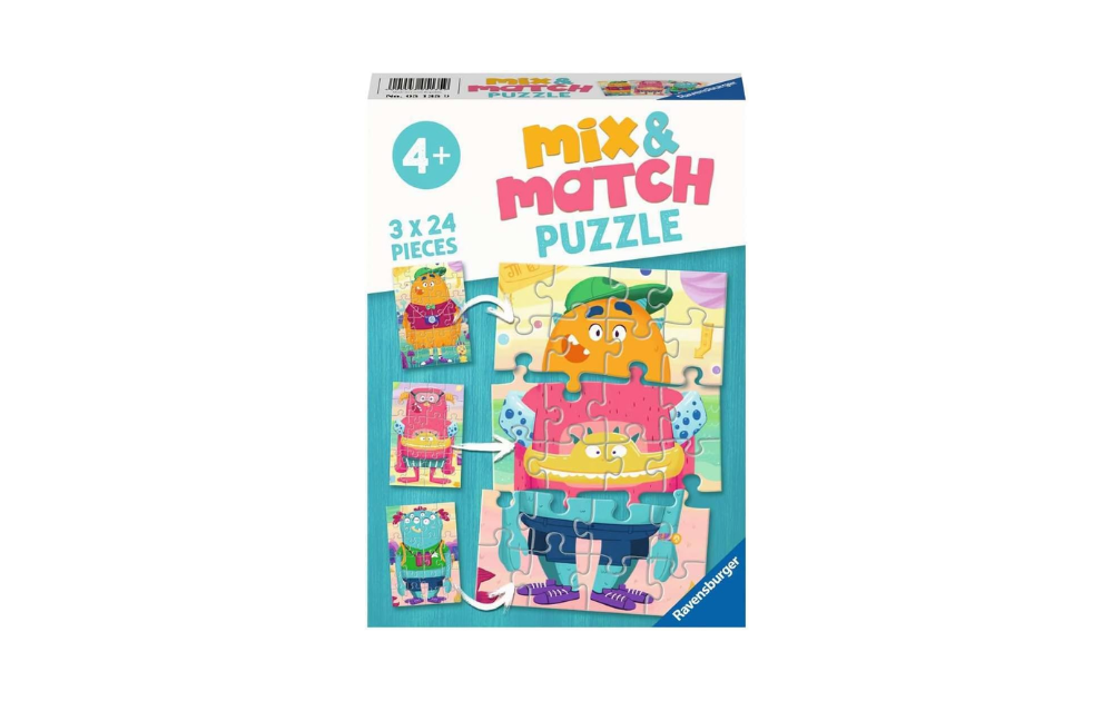 Ravensburger Mix up Monsters puzzle featuring 3 colorful 24-piece jigsaws for children aged 4 and up