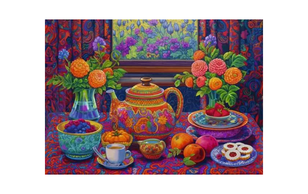 Ravensburger Time For Tea 300 Piece puzzle featuring colorful tea set and vibrant floral arrangements