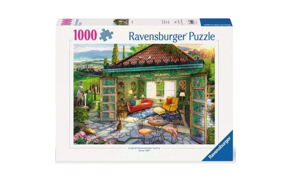 Ravensburger Tuscan Oasis puzzle 1000 piece jigsaw box showing sunlit Tuscan veranda with sofa and countryside view
