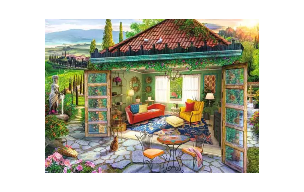 Ravensburger Tuscan Oasis puzzle showing an open garden room with colourful sofa bistro table flowers and rolling Tuscan hills