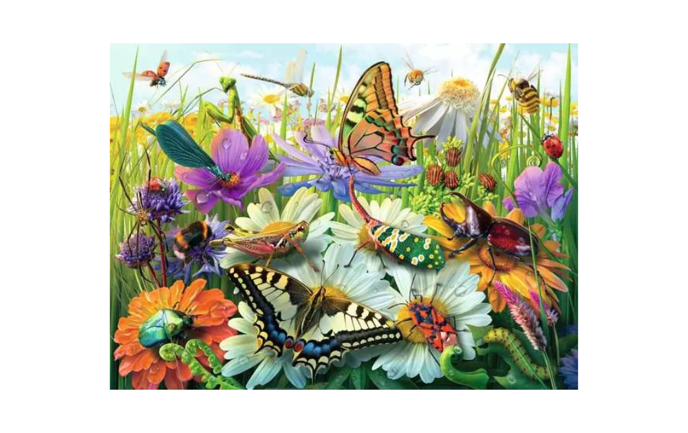 Ravensburger Wonderful World of Insects puzzle jigsaw showing colourful butterflies bees and beetles on summer flowers