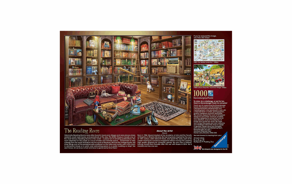 Ravensburger Reading Room Puzzle featuring a cozy library scene with books and a sofa