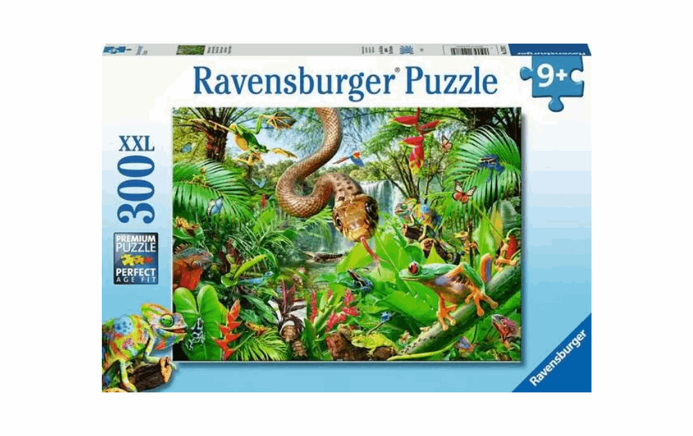 Ravensburger Reptile Resort puzzle featuring colorful reptiles in a vibrant jungle scene