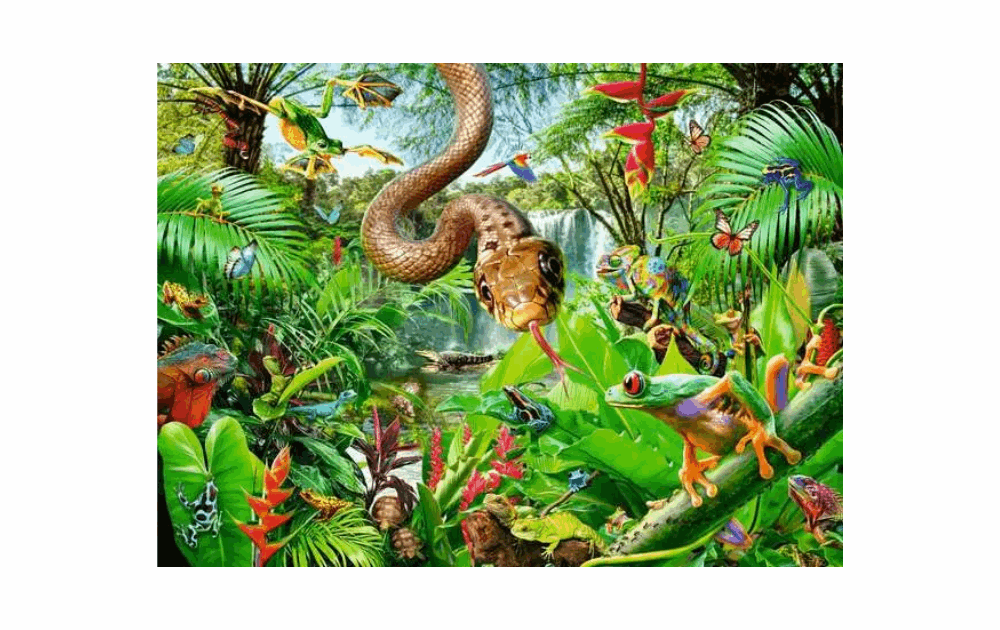 Ravensburger Reptile Resort puzzle featuring vibrant reptiles and tropical plants in a lush jungle setting