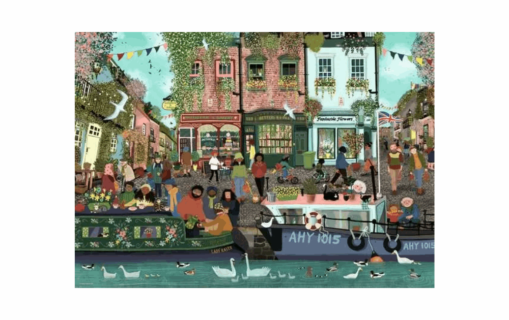 Ravensburger Riverside Town puzzle, 1000-piece jigsaw depicting a vibrant riverside scene with boats and bustling activity