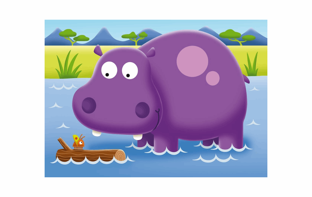 Ravensburger children's safari themed puzzle set featuring a happy purple hippo near a log on water