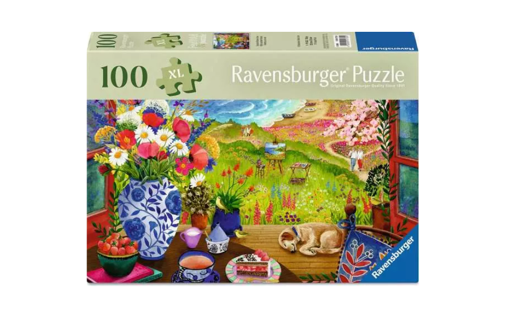 Seaside Window View 100XL Piece Feel Well & Puzzle by Ravensburger with vibrant floral scene and countryside view.