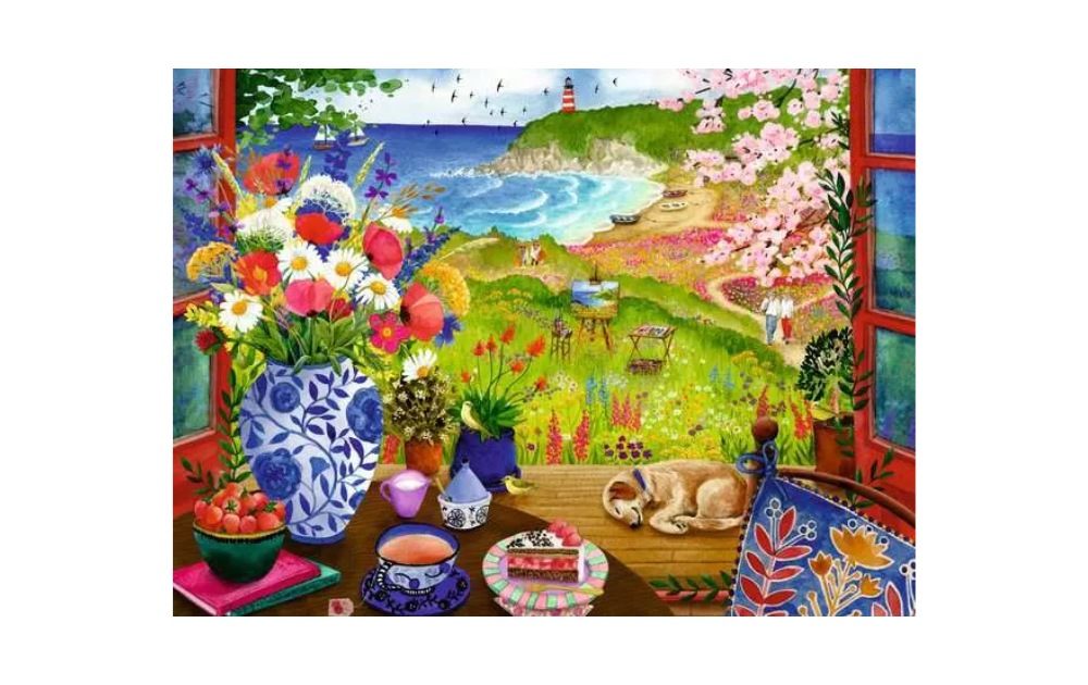 Seaside Window View 100XL Piece Feel Well & Puzzle by Ravensburger featuring a vibrant coastal scene with flowers and a sleeping dog
