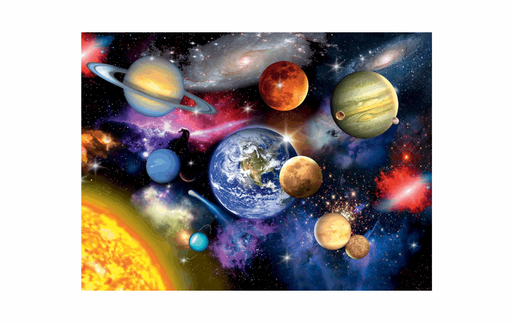 Ravensburger solar system puzzle featuring vibrant planets and galaxies in a stunning cosmic scene