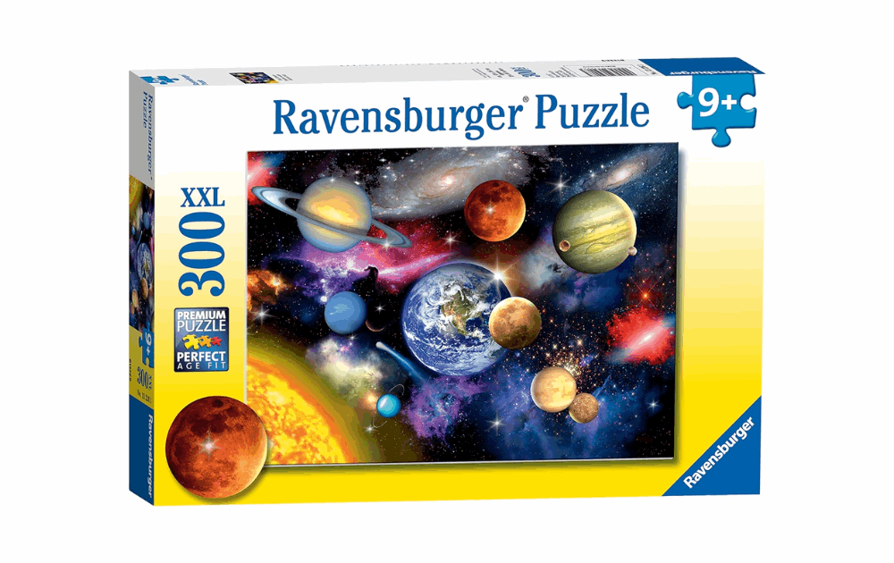 Ravensburger solar system puzzle featuring planets and stars in vibrant colors for children aged 9 and up