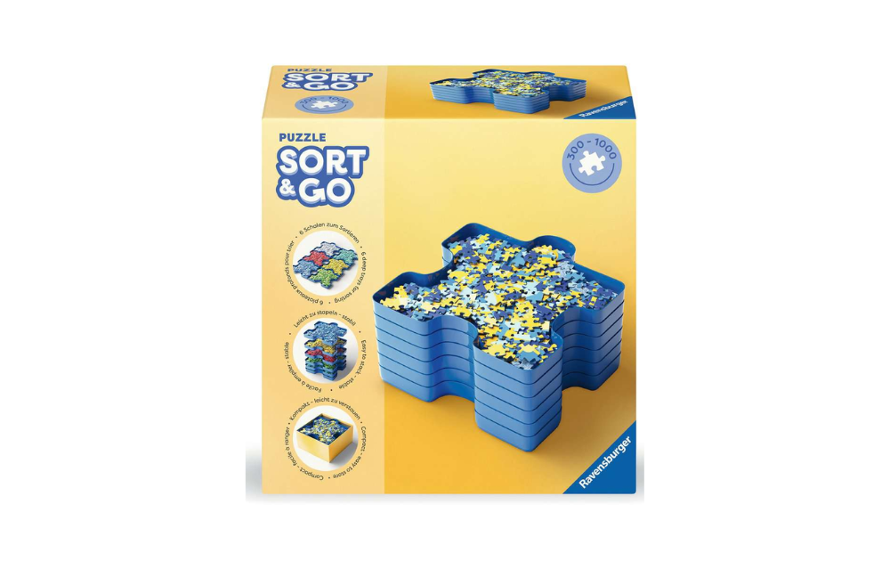 Ravensburger sorting trays for puzzles in blue, featuring six stackable trays for organized sorting.
