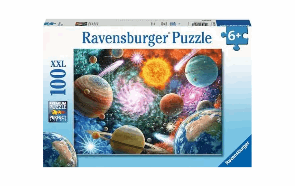 Ravensburger space puzzle 100 piece featuring colorful planets and cosmic scenes for children aged 6 and up