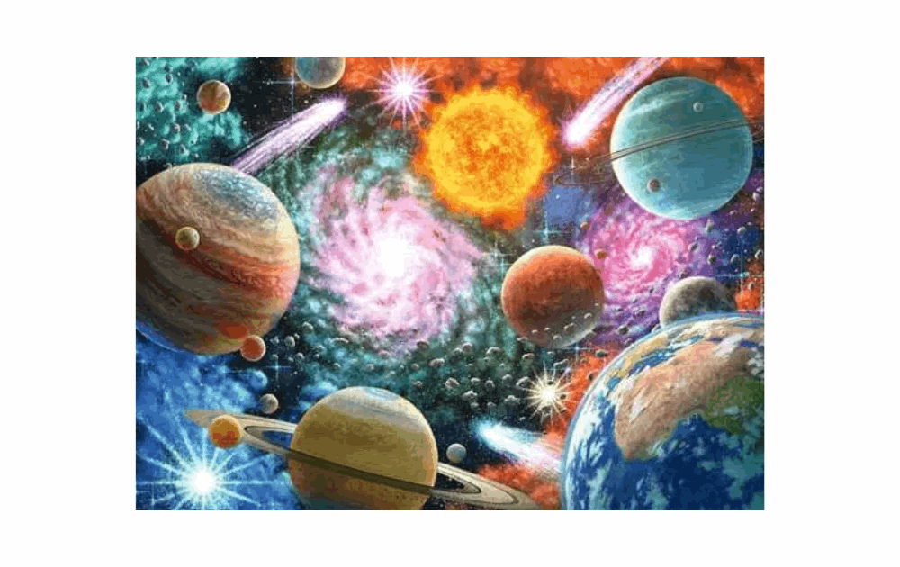 Ravensburger space puzzle 100 piece featuring colorful planets, stars, and galaxies in a vibrant space scene