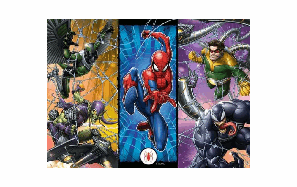 Ravensburger Spiderman XXL puzzle featuring Spider-Man and villains in vibrant colors