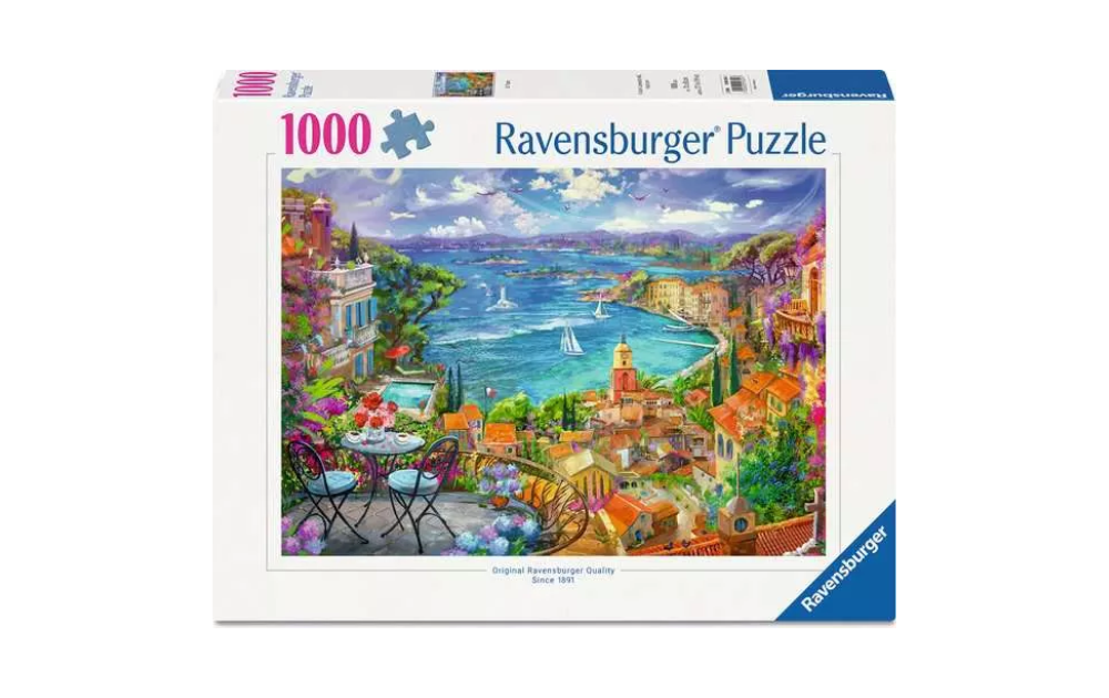 St Tropez 1000 Piece Jigsaw Puzzle by Ravensburger featuring a scenic view of the coast and vibrant colours