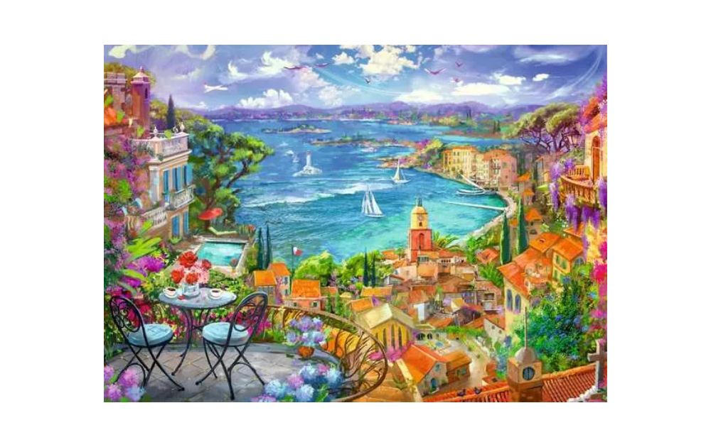 St Tropez 1000 Piece Jigsaw Puzzle by Ravensburger featuring a vibrant coastal scene with boats and colourful houses