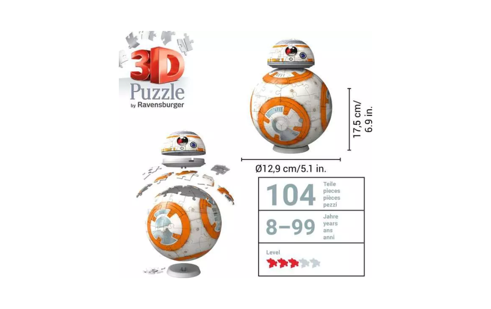 Star Wars BB8 3D Puzzle by Ravensburger featuring 104 pieces, 17.5 cm tall and 12.9 cm wide