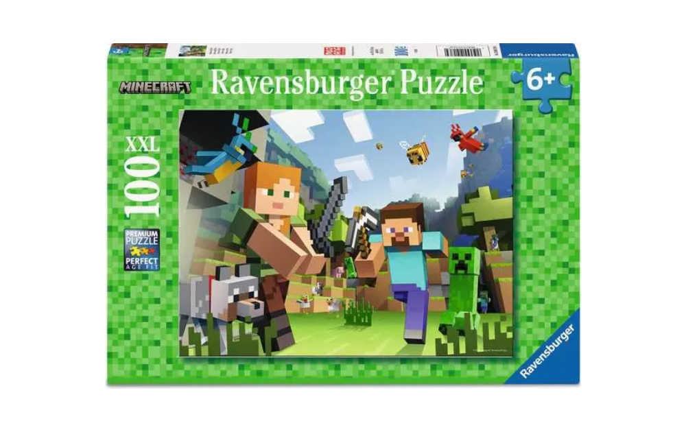 Ravensburger Childrens jigsaw Steve and Alex Minecraft puzzle 100 piece showing Steve Alex creeper wolf and parrot in landscape