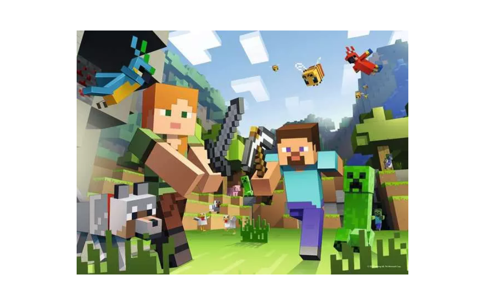 Ravensburger Childrens jigsaw Steve and Alex Minecraft puzzle 100 piece showing pixelated duo with sword creeper wolf and parrots