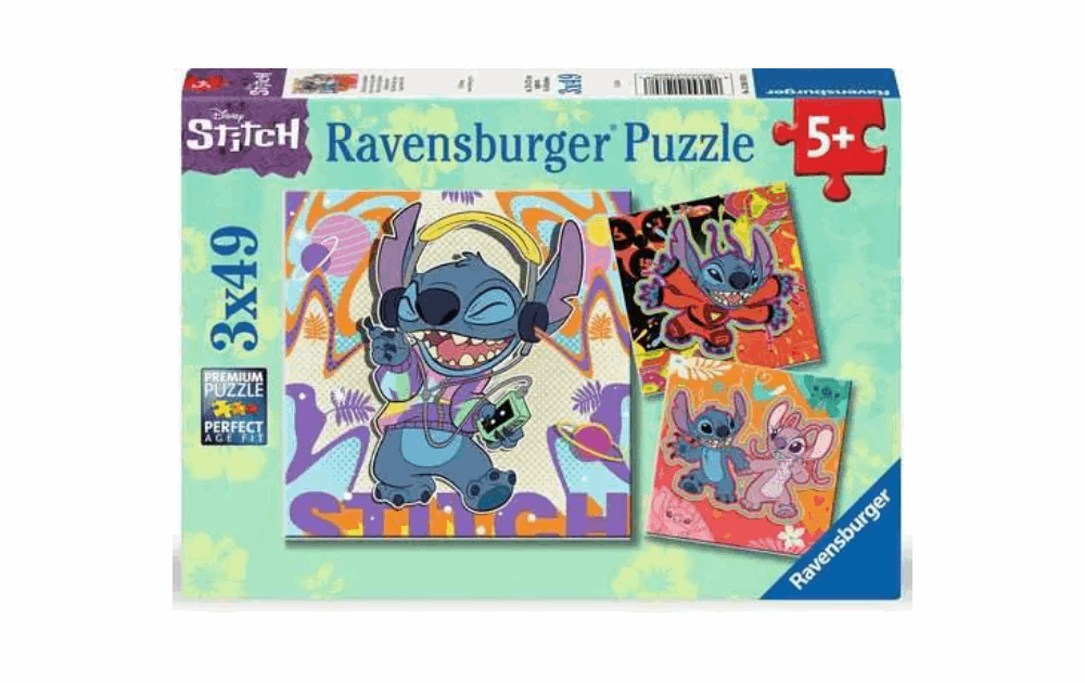 Ravensburger Stitch puzzles featuring colorful designs in a 3 x 49 piece jigsaw set for children