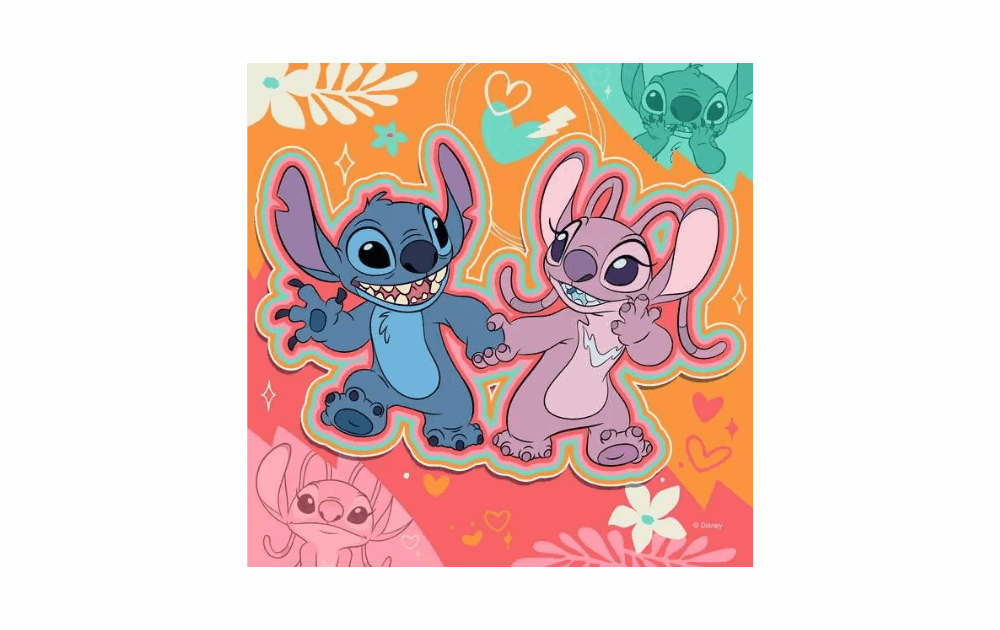 Ravensburger Stitch puzzles featuring colorful designs of Stitch and Angel holding hands in vibrant backgrounds