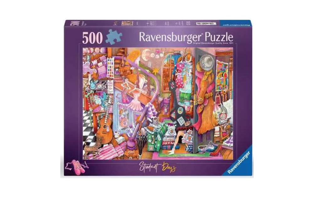 Ravensburger Student Days jigsaw puzzle featuring a vibrant art studio scene with various creative items