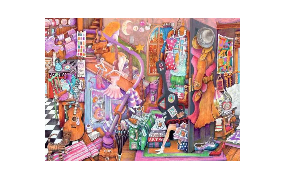 Ravensburger Student Days jigsaw puzzle featuring a colorful, creative cluttered artist's studio