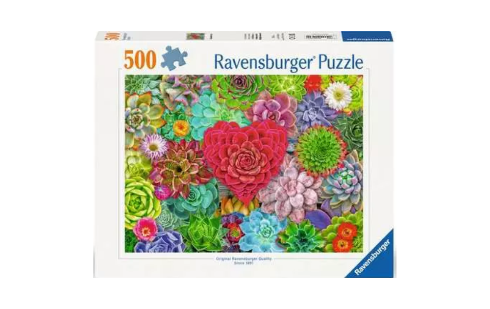 Ravensburger succulent puzzle 500 piece featuring vibrant flowers and succulents in a colorful design