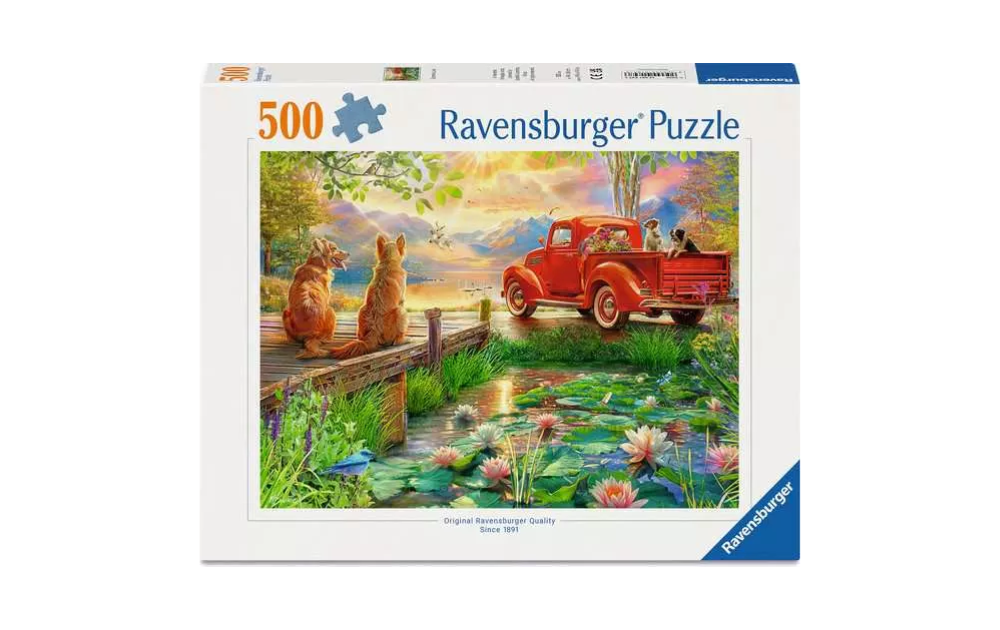 Summer Love 500 Piece Jigsaw Puzzle by Ravensburger featuring a scenic landscape with dogs and a vintage truck