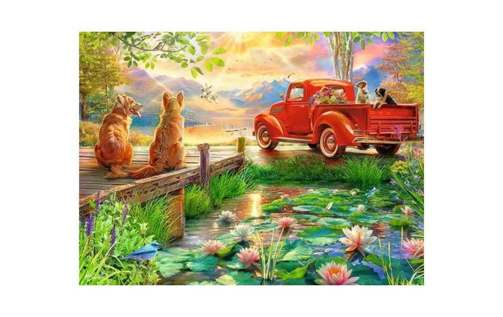 Summer Love 500 Piece Jigsaw Puzzle by Ravensburger featuring dogs by a lake and a vintage red truck