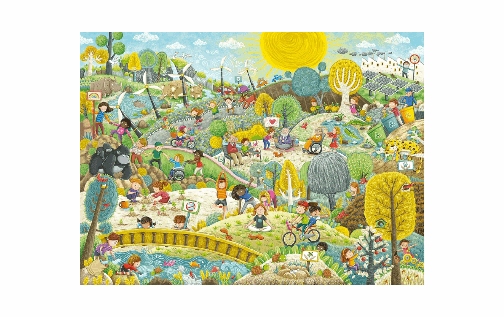 Ravensburger sustainability puzzle featuring a vibrant scene of children enjoying nature and eco-friendly activities