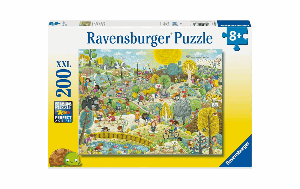 Ravensburger sustainability puzzle featuring a colorful garden scene with children and nature elements