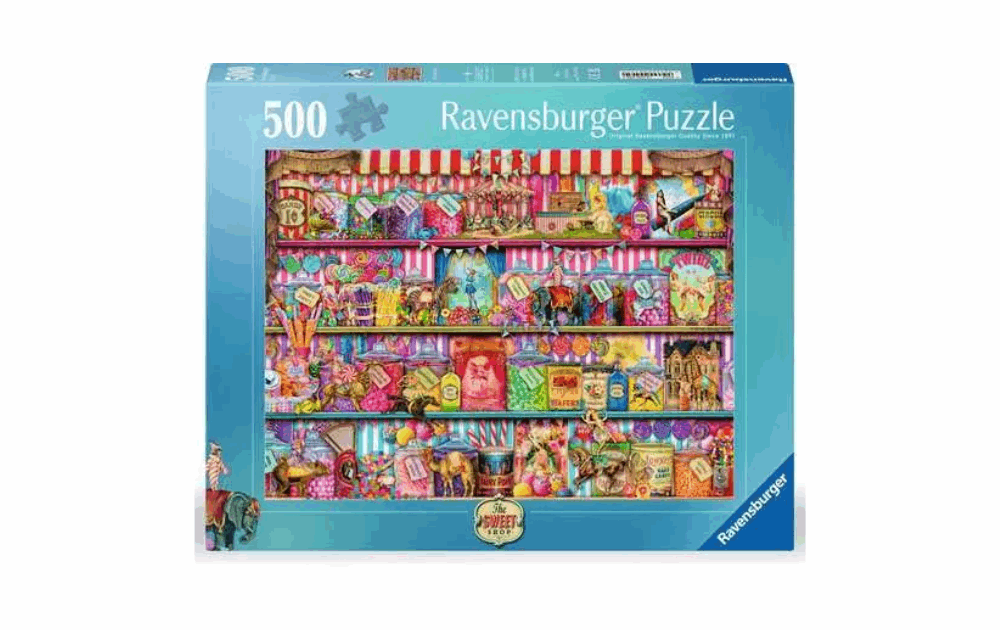Ravensburger sweet shop puzzle featuring colorful candy and treats on a vibrant shelf