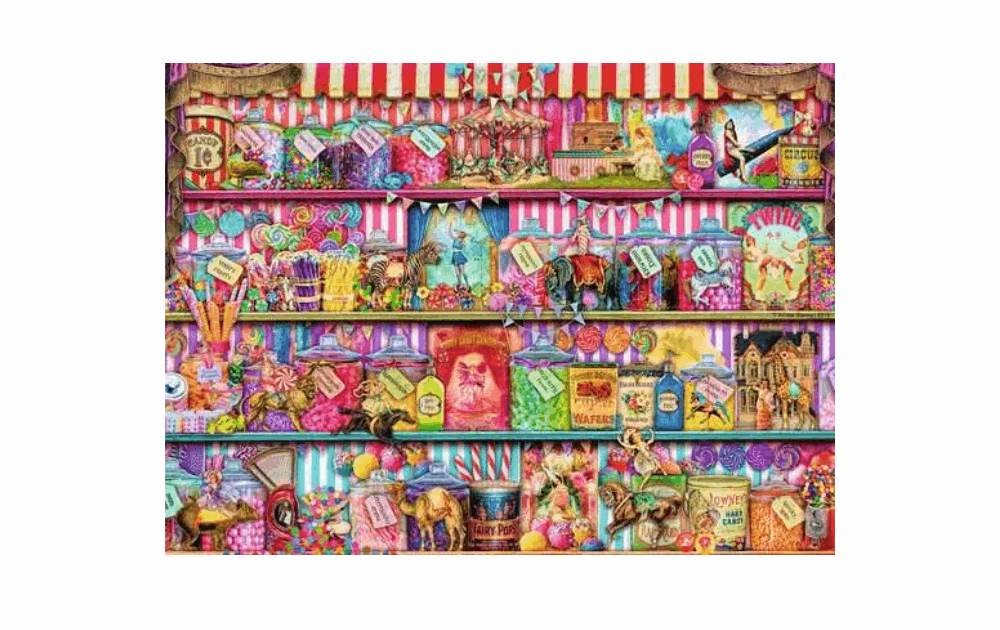 Ravensburger sweet shop puzzle featuring colorful candies and vintage packaging on shelves